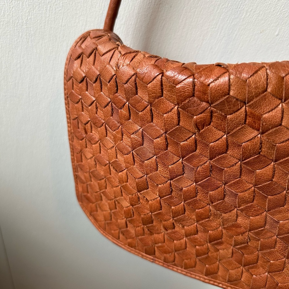 Woven Tan Leather Shoulder Bag